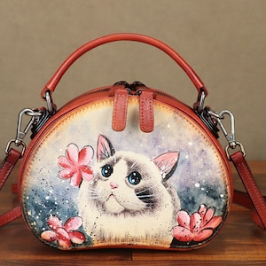 Sac à bandoulière en cuir véritable pour femme vintage style peint à la main cartables faits main petits sacs à main cercle personnalisation cartable sac à main