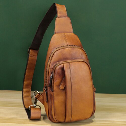 Genuine Leather Sling Bag Chest Shoulder Pack Crossbody Casual - Etsy