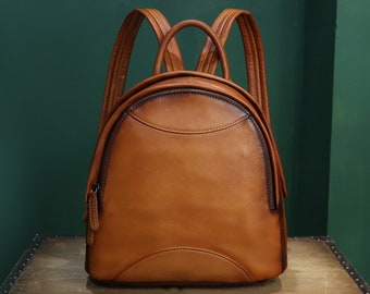 Genuine Leather Backpack Purse for Women Retro Handmade Small Casual Rucksack Satchel Back Bag Personalization Knapsack
