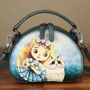 Sac à bandoulière en cuir véritable pour femme vintage style peint à la main cartables faits main petits sacs à main cercle personnalisation cartable sac à main