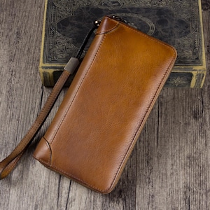 Genuine Leather Wallet Women Men Zipper Around Vintage Leather Wallet Purse Wristlet Long Purse Handmade Clutch Personalization Custom Logo