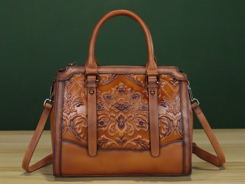 Genuine Leather Satchel Purse For Women - Embossed Vintage Handbag, Convertible To Backpack