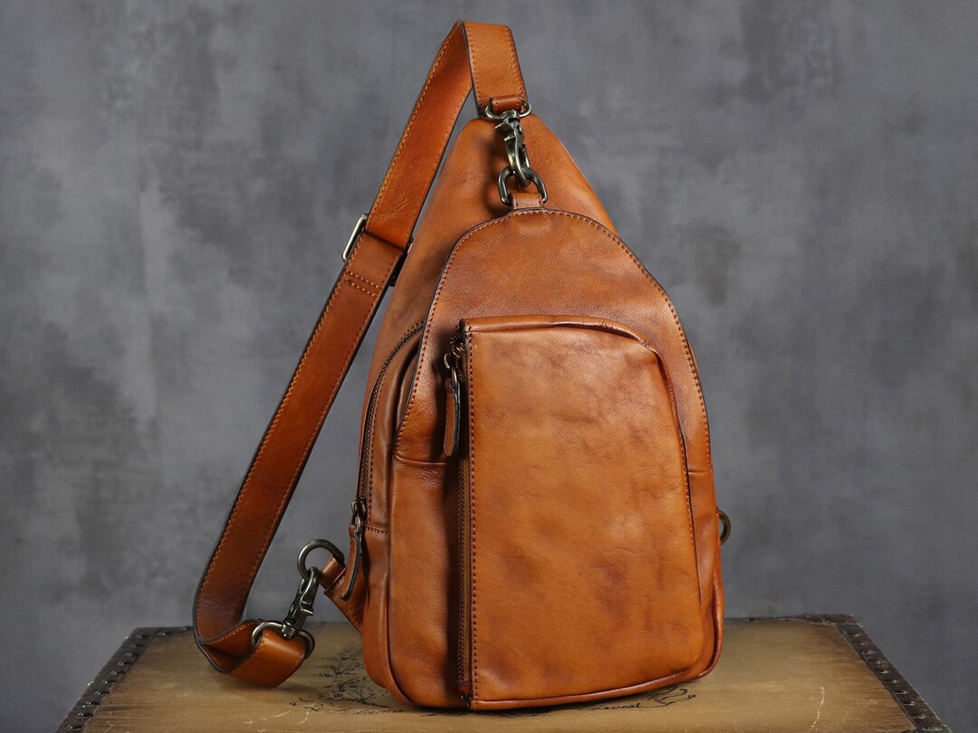 Genuine Leather Sling Bag Crossbody Chest Purse Hiking Daypack Vintage ...