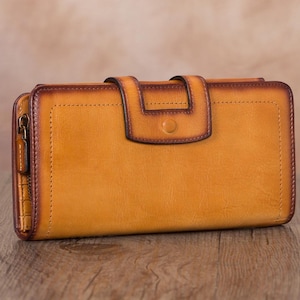Cartera de cuero genuino para mujer y hombre, cartera vintage hecha a mano, cartera retro larga, cartera de mano, tarjetero, organizador, personalización con logotipo personalizado