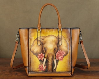 Genuine Leather Tote Bag Handbag Satchel Purse for Women Hand Painted Elephant Personalized Custom Cute Fashion Shoulder Bag Crossbody Bag