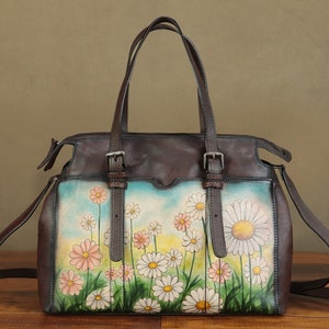 Hand Painted Genuine Leather Tote Bag: Floral Satchel Purse