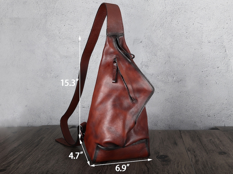 Genuine Leather Sling Bag Crossbody Casual Hiking Daypack Vintage Handmade Chest Shoulder Backpack Motorcycle Daypack Personalization Gift image 3