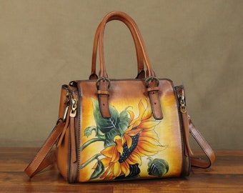 Genuine Leather Purses and Handbags for Women Hand Painted Personalized Custom Pattern Fashion Art Shoulder Bag Crossbody Bag Satchel Purse