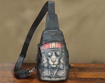 Genuine Leather Sling Bag Crossbody Chest Purse Hand Painted Pattern Daypack Handmade Shoulder Backpack Motorcycle Personalization Daypack