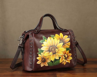 Genuine Leather Satchel Purse Shoulder Bag for Women Hand Painted Sunflower Personalized Custom Pattern Real Leather Crossbody Bag Handbag