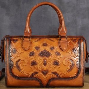 Bolso de mano de cuero genuino con asa superior para mujer, bolso de hombro hecho a mano, bolso cruzado con relieve Vintage, bolso, regalo personalizado