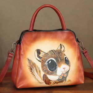 Cartera de piel auténtica para mujer, pintada a mano, estilo vintage, hecha a mano, con asa superior, de diseñador, tipo bandolera, personalizable