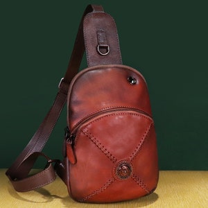 Genuine Leather Small Sling Bag for Women Crossbody Purse Handmade Hiking Daypack Retro Shoulder Backpack Vintage Chest Bag Personalization