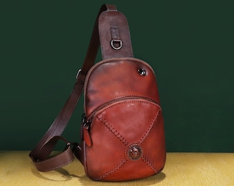 Echtes Leder Kleine Sling Bag für Frauen Crossbody Geldbörse Handmade Wandern Daypack Retro Schulter Rucksack Vintage Brusttasche Personalisierung
