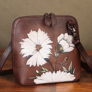 Sac à bandoulière en cuir véritable pour femme vintage style peint à la main cartables faits main petits sacs à main personnalisation cartable sac à main