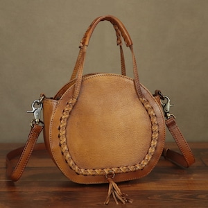 Echtleder Crossbody Tasche für Frauen Vintage Style Handmade Satchels Kleine Kreis Schulter Geldbörsen Personalisierung Festival Geschenk Handtasche