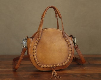 Genuine Leather Crossbody Bag for Women Vintage Style Handmade Satchels Small Circle Shoulder Purses Personalization Festival Gift Handbag