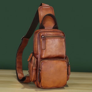 Genuine Leather Sling Bag Crossbody Casual Hiking Daypack Vintage ...