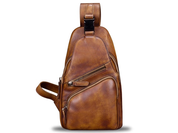 バッグ TOUGH worker sling bag leather brown Genuine Leather Sling Bag Crossbody Purse Handmade Hiking