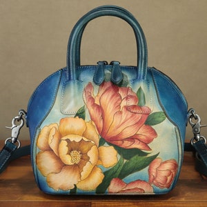 Bolso tipo cartera con asa superior de cuero genuino para mujer, bolso hecho a mano vintage pintado a mano, bolsos cruzados de diseñador, bolso personalizado