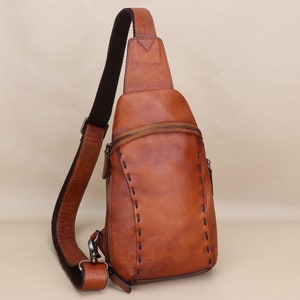 Genuine Leather Sling Bag Vintage Chest Shoulder Bag Crossbody Bag Hiking Backpack Motorcycle Daypack Personalization Crossbody Purse