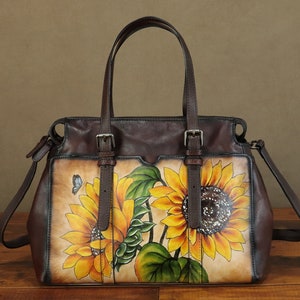 Hand Painted Genuine Sunflower Leather Tote Bag: Women&#39;s Shoulder Bag