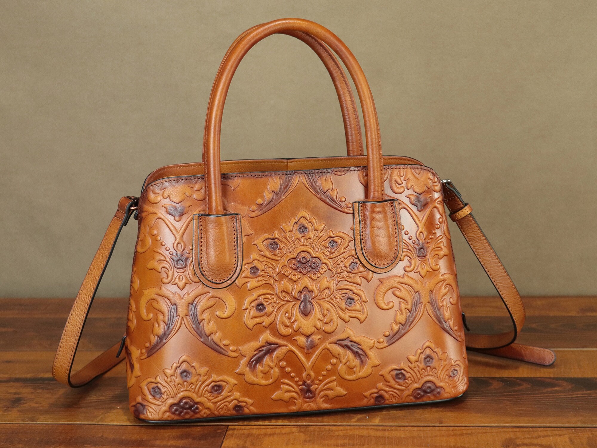 Vintage Handmade Echtleder Tasche Frauen: Geprägte Schulter Crossbody Tasche Satchel Purse Purse