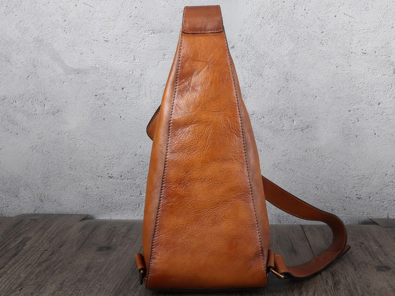 Genuine Leather Sling Bag Crossbody Casual Hiking Daypack Vintage Handmade Chest Shoulder Backpack Motorcycle Daypack Personalization Gift image 2