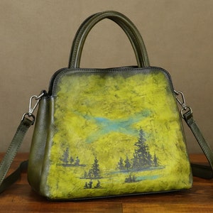 Cartera de piel auténtica para mujer, pintada a mano, estilo vintage, hecha a mano, con asa superior, de diseñador, tipo bandolera, personalizable