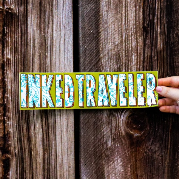 Bumper sticker - yellow - inked traveler - tattooed letters - car art