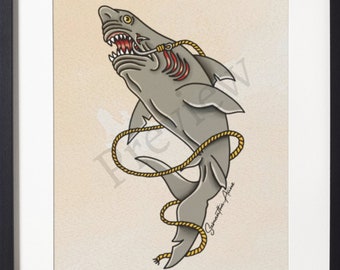 Shark Old School Tattoo Flash Art | Digital Download Flash Sheet | Nautical Tattoo Art | Traditional Tattoo Print | Tattoo Gift | Shark Art