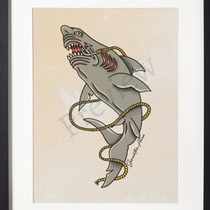 Shark Old School Tattoo Flash Art | Digital Download Flash Sheet | Nautical Tattoo Art | Traditional Tattoo Print | Tattoo Gift | Shark Art