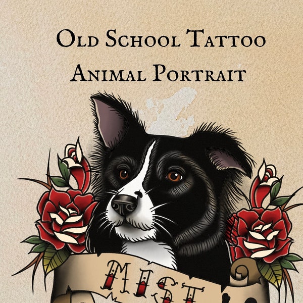 Custom Animal Portraits Old School Tattoo Art | Neo Traditional Flash Art | Custom Pet Portrait | Unique Gift | Pet Grief Gift | Dog Art