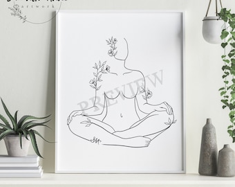 May include: A framed black and white line art print featuring a figure in a seated yoga pose, adorned with floral accents. The artwork is signed and includes the text "Samantha Anne artwork" in a circular design.