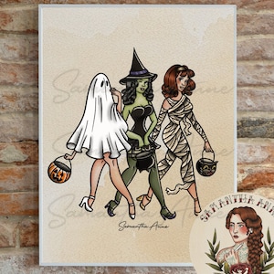 Trick or Treating Halloween Pinup Girls Old School Traditional Tattoo Flash Art | Ghost Witch Mummy Art Print | Tattoo Art by Samantha Anne
