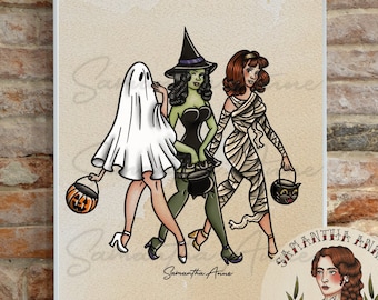 Trick or Treating Halloween Pinup Girls Old School Traditional Tattoo Flash Art | Ghost Witch Mummy Art Print | Tattoo Art by Samantha Anne