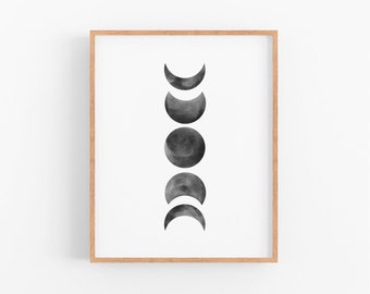 Moon Phases Boho Black and White Art Print | Neutral Colors Digital Print | Boho Decor Instant Download | Mid Century Modern Moon Art