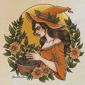 Burnt Orange Witch Old School Tattoo Flash Art | American Traditional Tattoo Style | Neo Traditional Tattoo Print | Witchy Artwork
