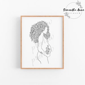 Ethnic Pregnancy Art | Black Motherhood Art | Printable Nursery Art | Floral Minimal Line Art | Pregnant Woman Art | Natural Hair Art | Afro