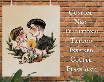 CUSTOM Neo Traditional Old School Couple Tattoo Flash Art | Neo Traditional Print | Old School Artwork | Custom Tattoo Art | Gift for Him