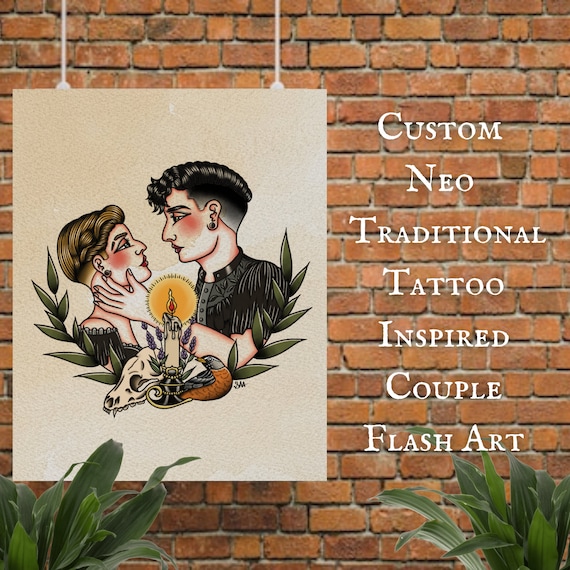 CUSTOM Neo Traditional Old School Couple Tattoo Flash Art 