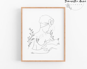 Etnische borstvoedingskunst | Moeder en kindverpleging afdrukken | Afro-Amerikaanse kinderkamerkunstwerk | Bloemenlijnkunst | Borstvoeding lijntekeningen