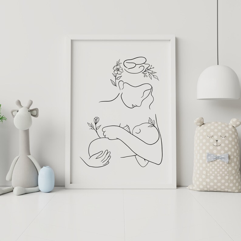 Mother and Baby Wall Art Minimal Nursery Line Art Print Etsy