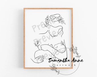 Mother and Baby Wall Art | Minimal Nursery Line Art Print | Mother and Child Breastfeeding Art | Printable Nursery Art | Black and White Art