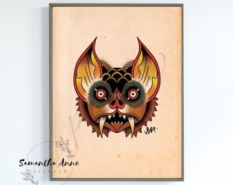 Traditional Bat Tattoo Print | Old School Bat Tattoo Art | Tattoo Parlor Art | Tattoo Gift | Printable Tattoo Art | Sailor Jerry Style Ink
