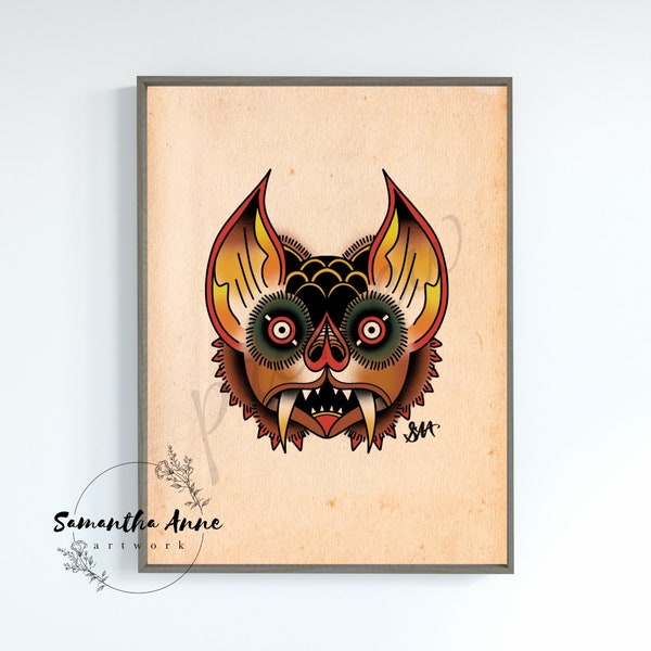 Impression traditionnelle de tatouage de chauve-souris | Art de tatouage de chauve-souris de la vieille école | Art de salon de tatouage | Cadeau de tatouage | Art de tatouage imprimable | Encre style Sailor Jerry