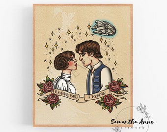 Princesse Leia et Han Solo Traditionnel Old School Tattoo Flash Print | Oeuvre de Leia et Solo | Je t'aime je sais | Flash de tatouage Star Wars
