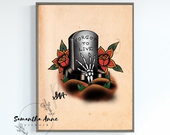 Traditional Tattoo Style Gravestone Print | Skeletal Tattoo Art | Old School Tattoo Print | Tattoo Decor | Tattoo Gift | Custom Tattoo