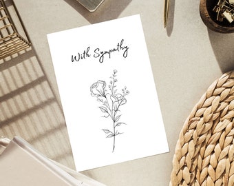 With Sympathy Condolences Card Printable | Instant Download Floral Black and White Greeting Card | Condolence Thinking of You Card | Digital