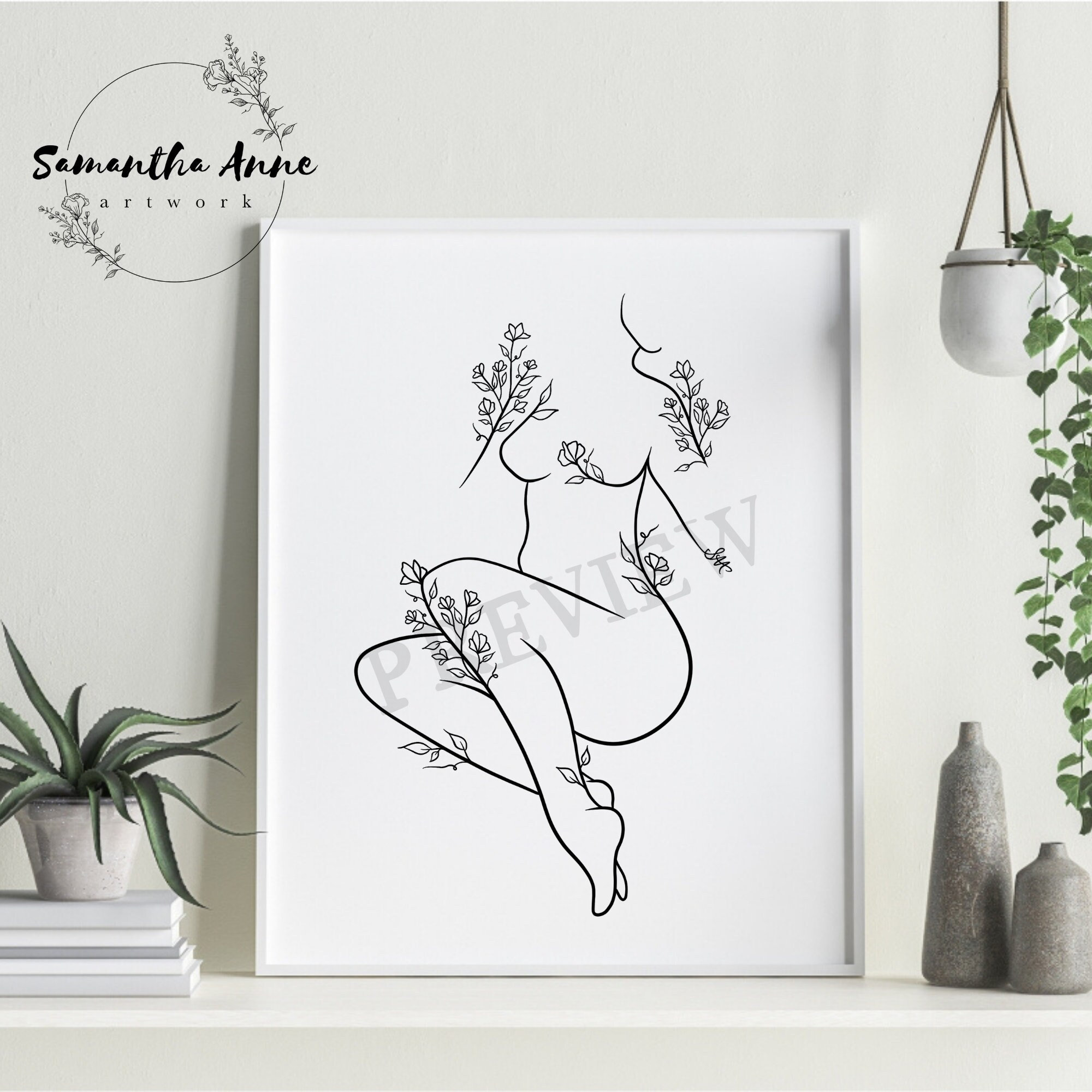 Floral Female Figure Wall Art Woman Line Art Print Naked